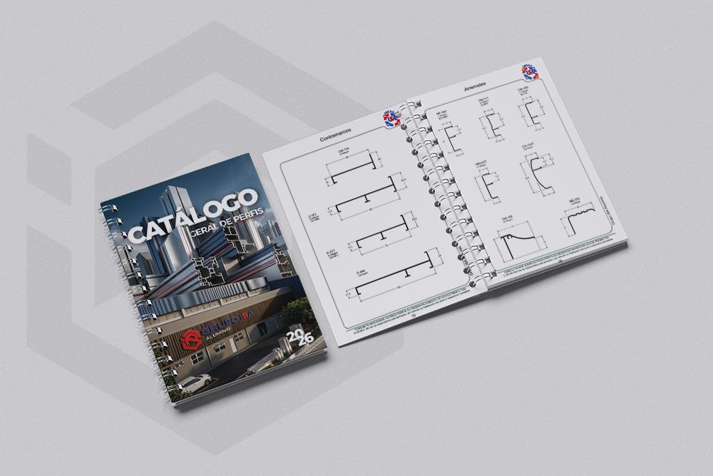 Mockup do Catálogo Geral de Perfis do Grupo ISA, caderno espiral fechado e aberto